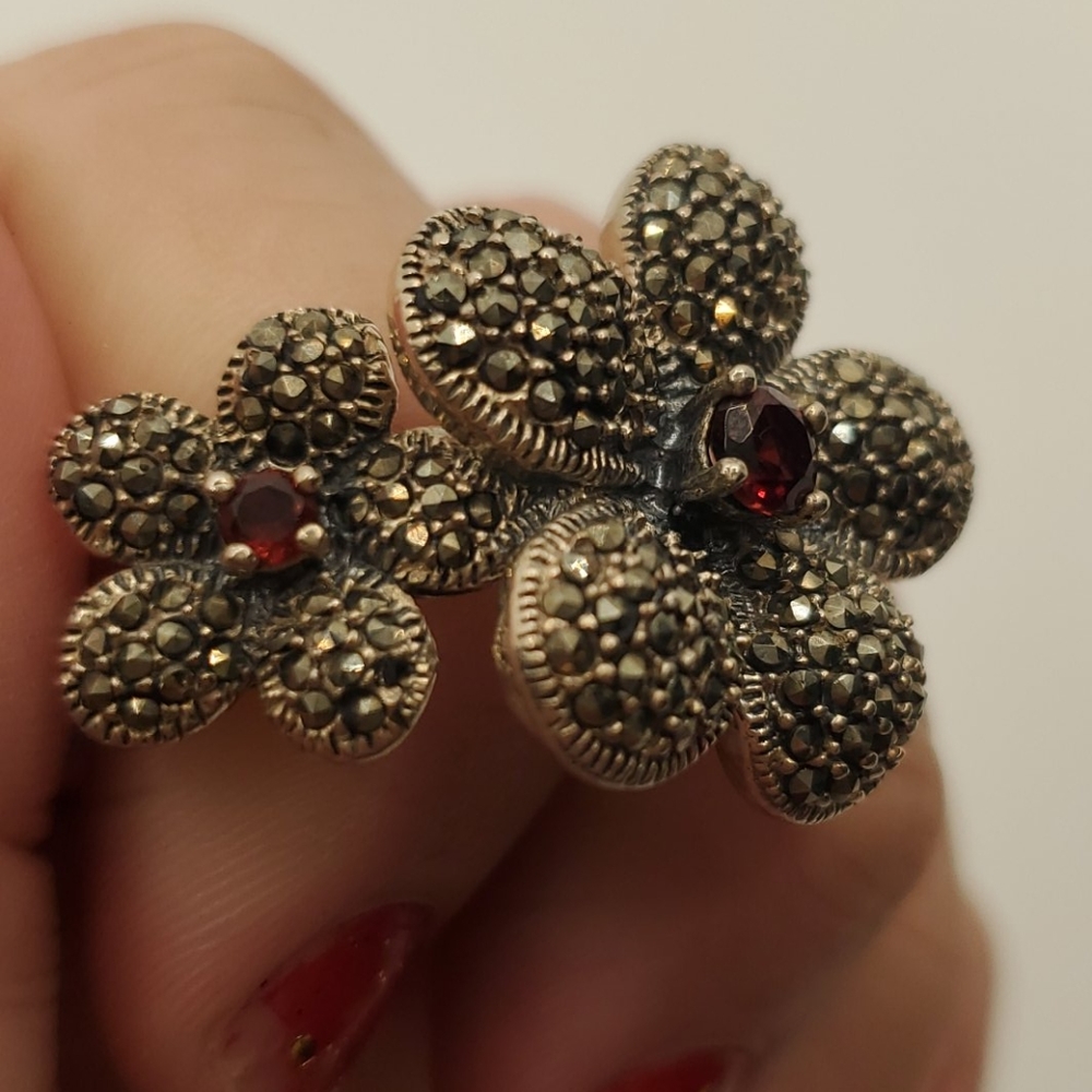 Silver Large Double Flower Ring - image 6
